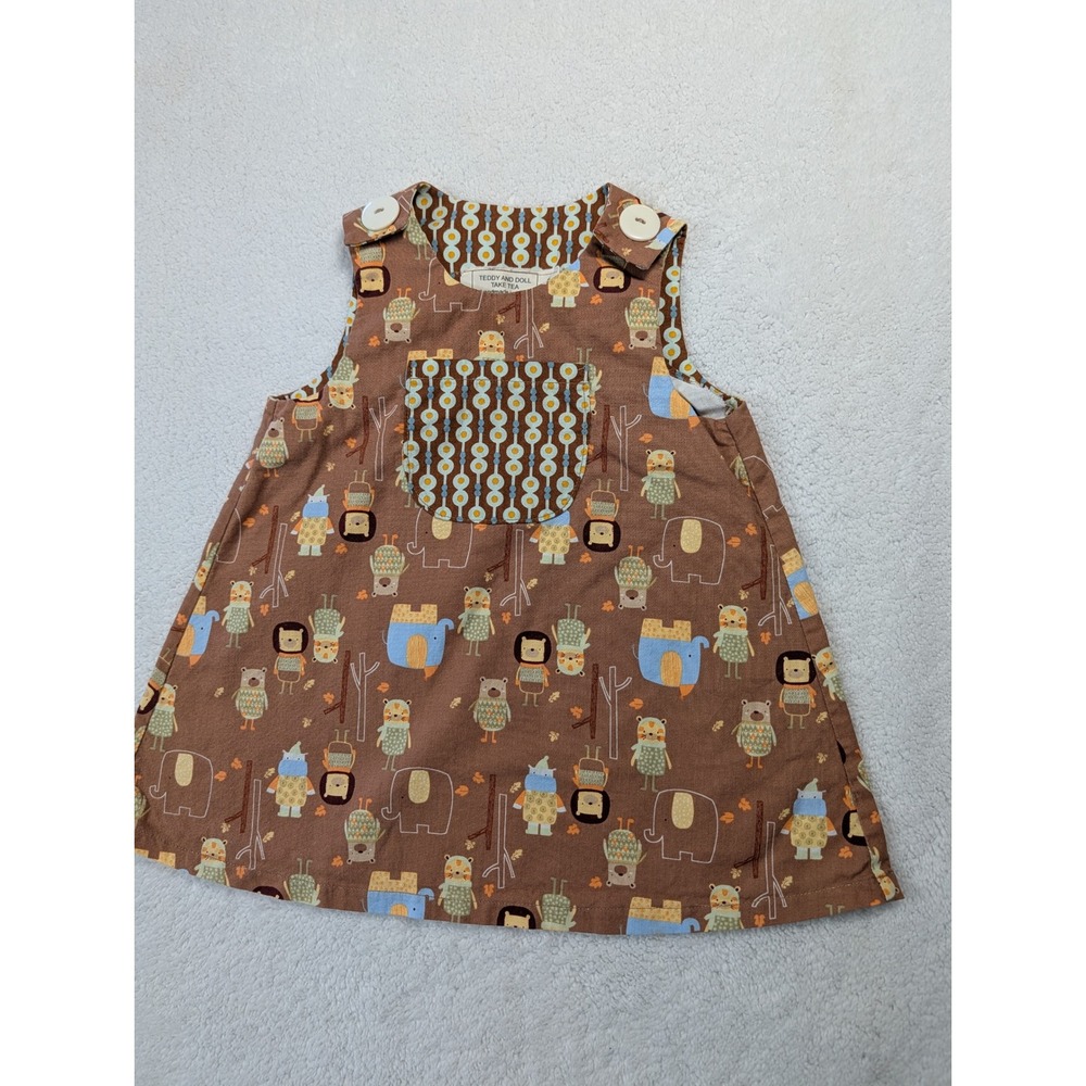 Teddy and Doll Take Tea Baby Animal Print Jumper Dress‎ Brown 6-12M Handmade